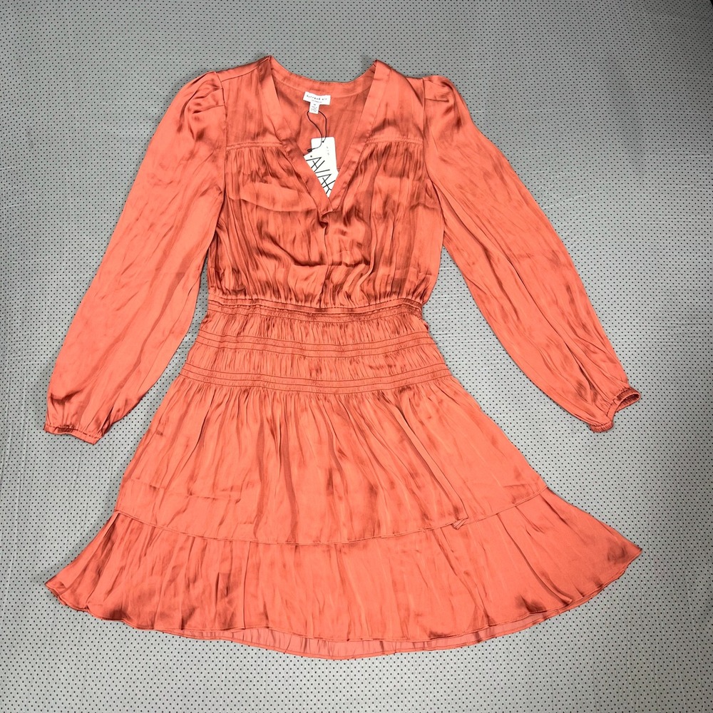 Current Air LA M Medium Rust Orange Satin Smocked Waist Tiered Mini Dress - NWT